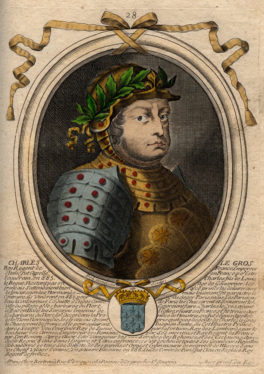 Karolinská dynastie: Portrét Karla III Le Gros (839-888) Král Franků - Karel III Tlustý - rytina z 