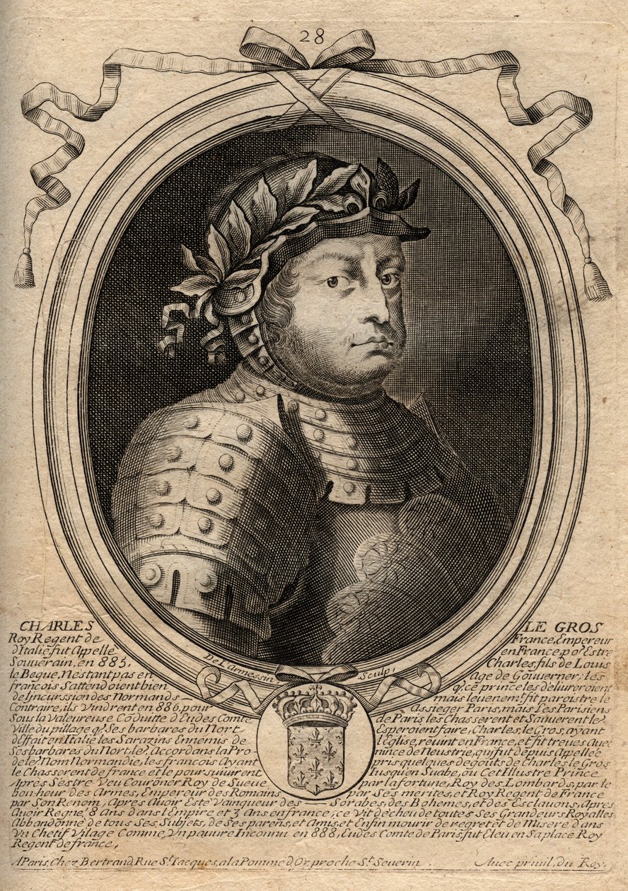 Karolinská dynastie: Portrét Karla III Le Gros (839-888) Král Franků - Karel III Tlustý - rytina z 