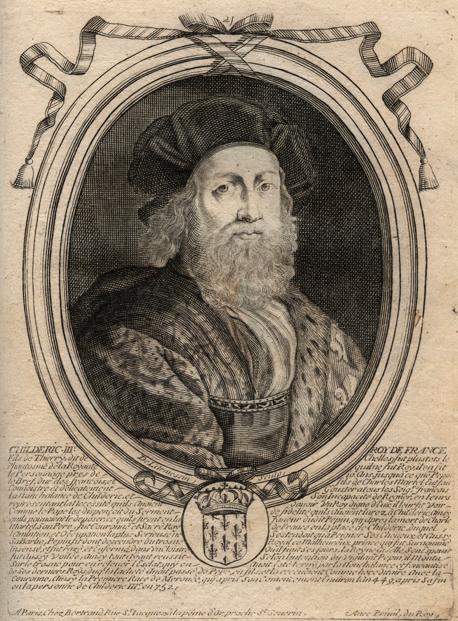 Dynastie Merovejců: Portrét Childerica III. (714-755) Král Franků - CHILDERIC III († 754) Král Franků, 741-751, a poslední z Merovejců - rytina z 