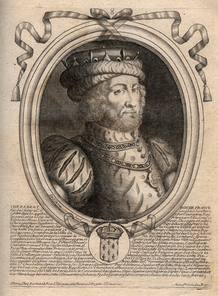 Portrét Cariberta, krále Franků (561-567) - Caribert nebo Charibert († 567) Král Franků - rytina z 