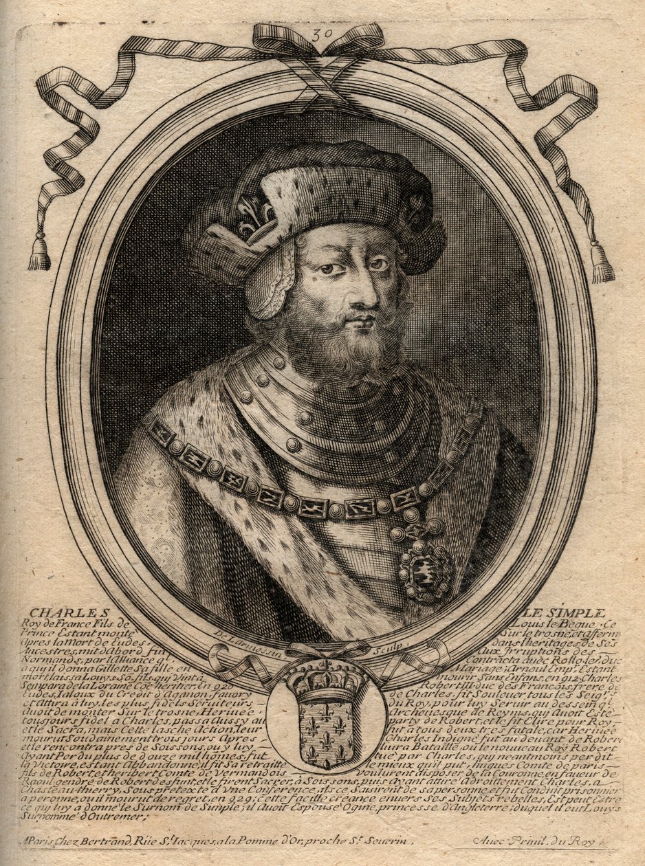 Portrét Karla III. dit le Simple (879-929) krále Franků - CHARLES III (879-929) - Karel Prostý - král Francie, 893-923 - rytina z 
