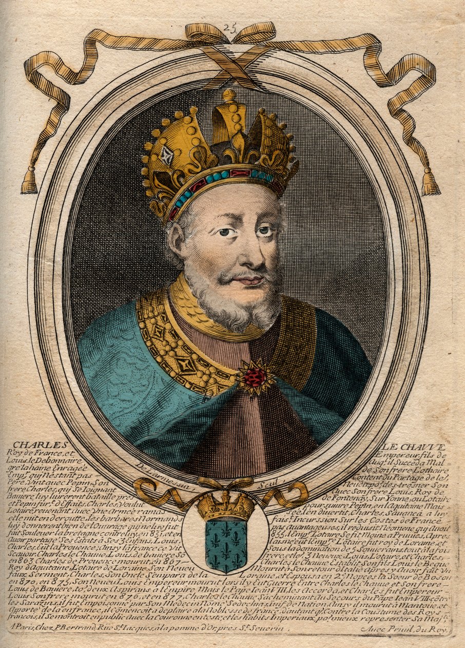 Portrét Karla II. Plešatého (823-877), francouzského krále - Karel II. (823-877) Plešatý - rytina z 