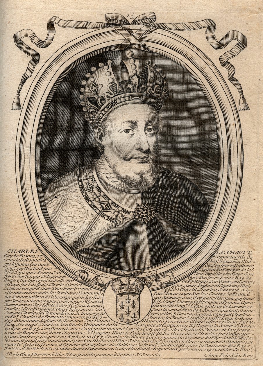 Portrét Karla II. Plešatého (823 - 877), francouzského krále - Karel II. (823-77) Plešatý - rytina z 