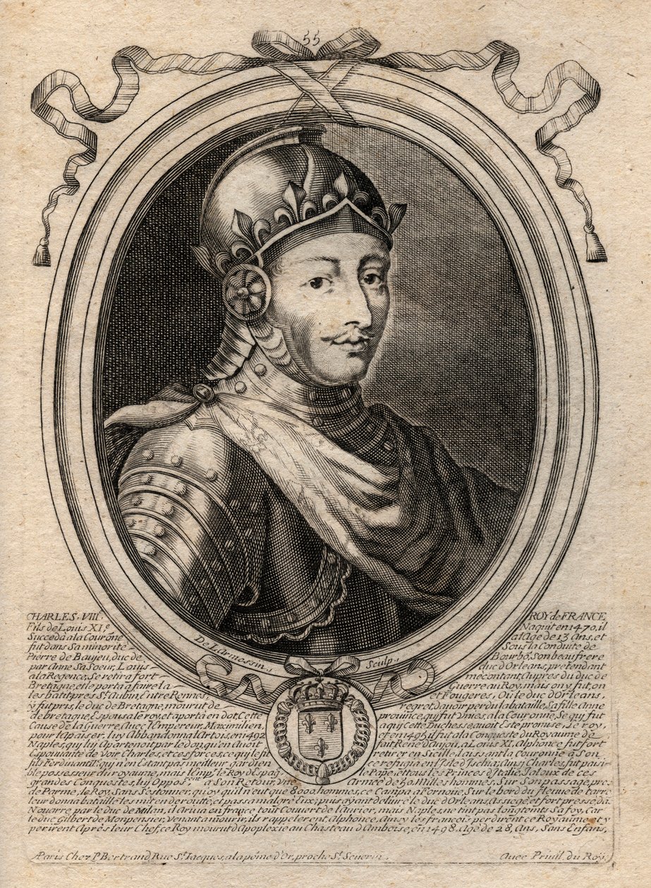 Portrét Karla VIII. (1470-1498) Francouzský král z dynastie Valois - Karel VIII. (1470-98) Francouzský král - rytina z 