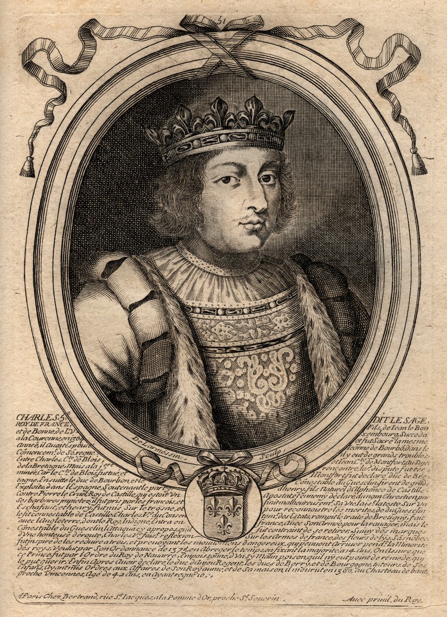 Portrét Karla V. mudrce (1338 - 1380) - Karel V. moudrý nebo Karel V. mudrc, francouzský král z rodu Valois - rytina z 