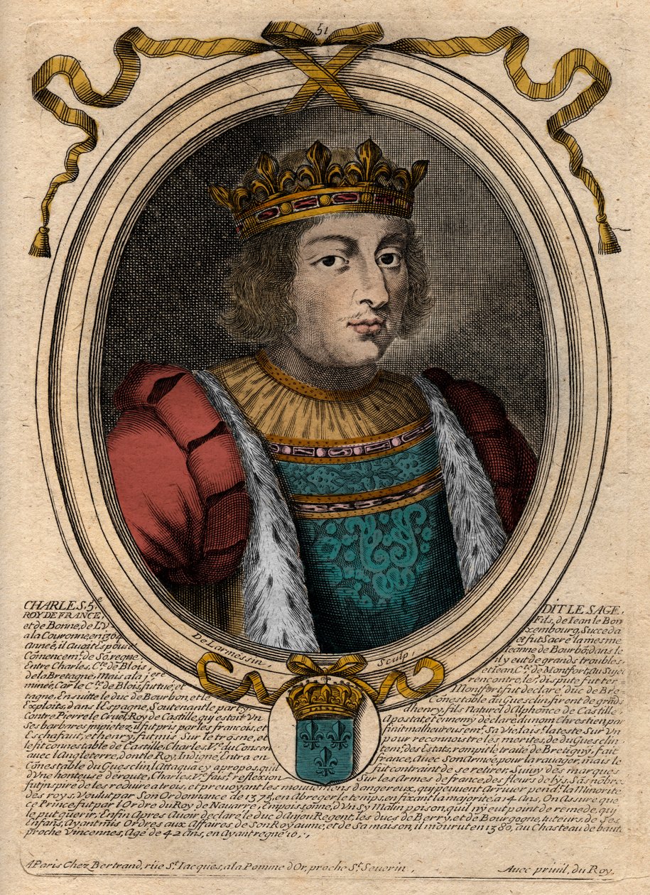 Portrét Karla V. mudrce (1338 - 1380) - Karel V. moudrý nebo Karel V. mudrc, francouzský král z rodu Valois - rytina z 
