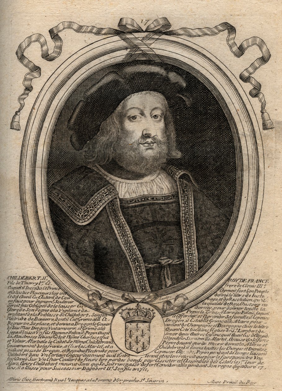 Portrét Childeberta II. (asi 570 - 596), krále Austrasie - Childebert II. 570 až 595 merovejský král Austrasie - rytina z 