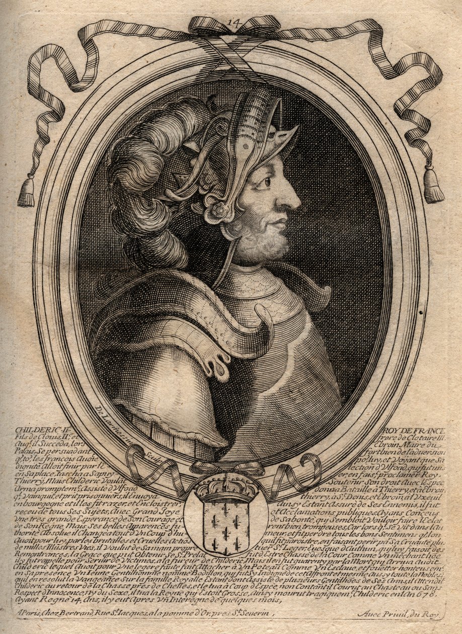 Portrét Childerika II., krále franků v letech 670 až 673 - CHILDERIC II 655-675 Král Merovejců z Francie a Austrasie - rytina z 