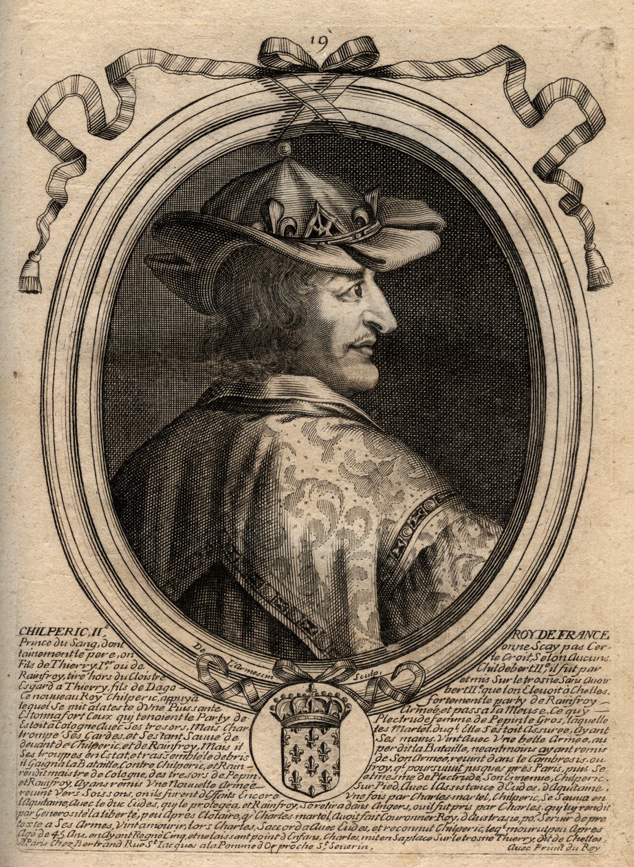 Portrét Chilperika II (asi 670 - 721), krále Neustrije - CHILPERIC II král Franků - rytina z 