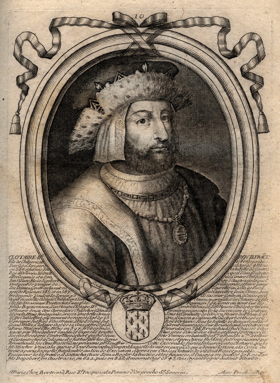 Portrét Clotaire (Clothaire) II (584 - 628), krále Neustrije a krále Franků - Clotaire nebo Chlotar II († 629) Král Franků - rytina z 