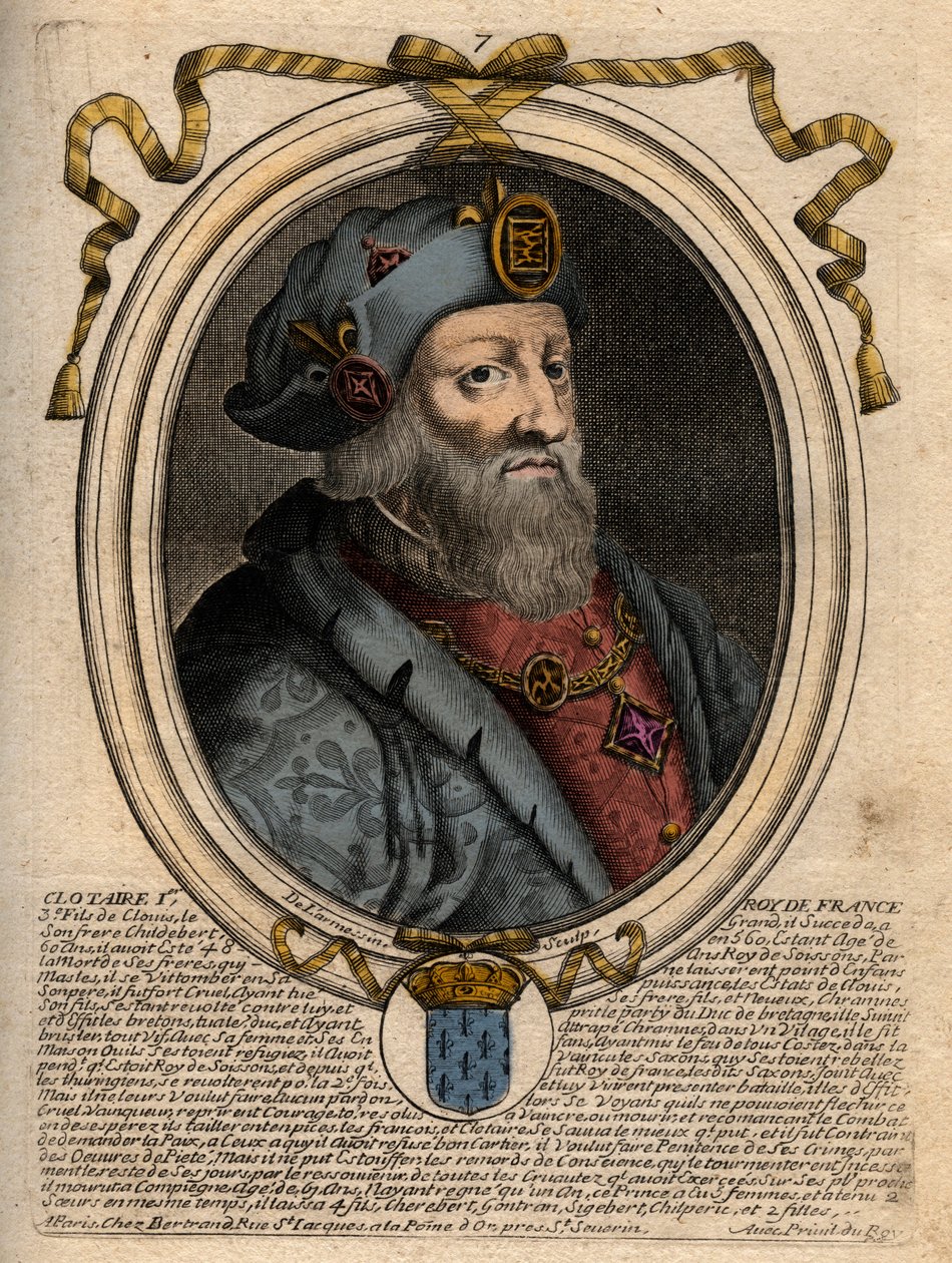 Portrét Clotaire (Clothaire) I (497-561), krále Neustrije a krále Franků - Clothar I., král Franků - rytina z 