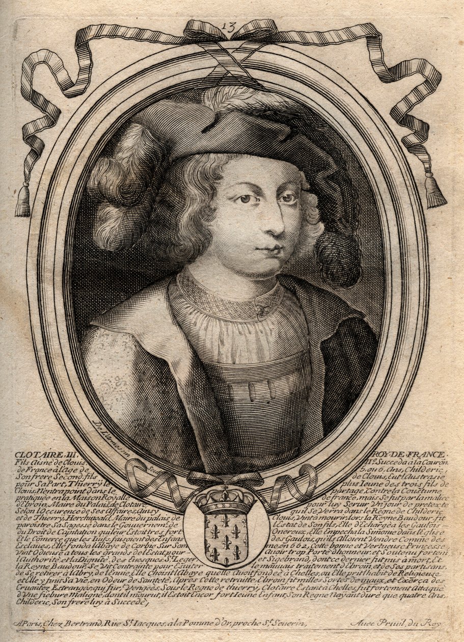 Portrét Clothaire III (652 - 673), krále Neustrije a Burgundska - Chlothar III nebo Clotaire III, král Franků z rodu Merovejců - rytina z 