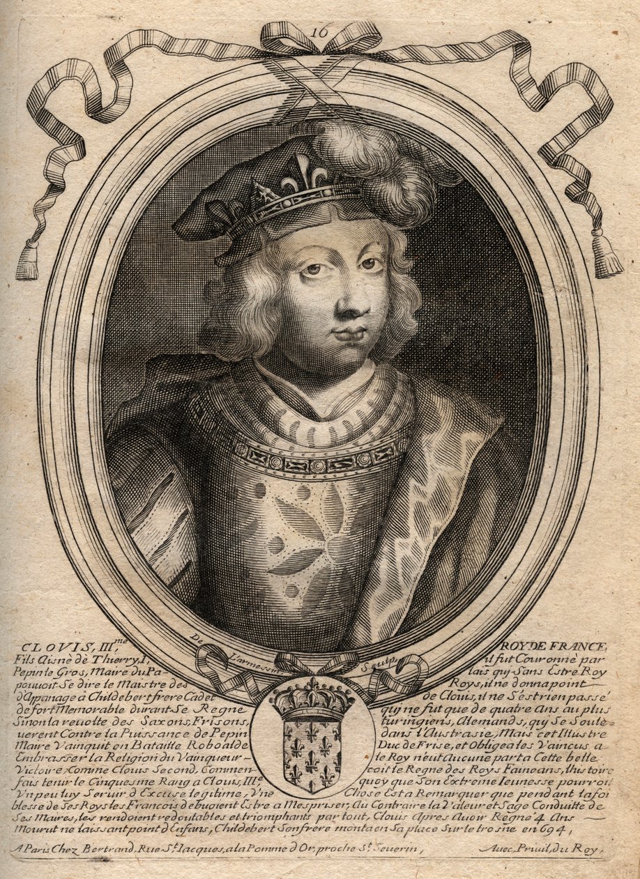 Portrét Chlodvíka III., krále franků v letech 691 až 695 - CLOVIS III. Merovejský král Neustrie a Austrasie - rytina z 