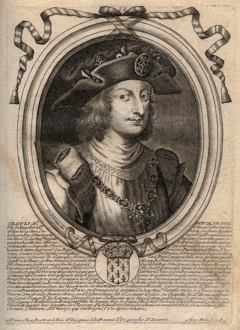 Portrét Chlodvíka II., krále franků (v.633-657) - Chlodvíka II. (asi 634-657), merovejského franského krále Neustrije a Burgundska (639-657) - rytina z 