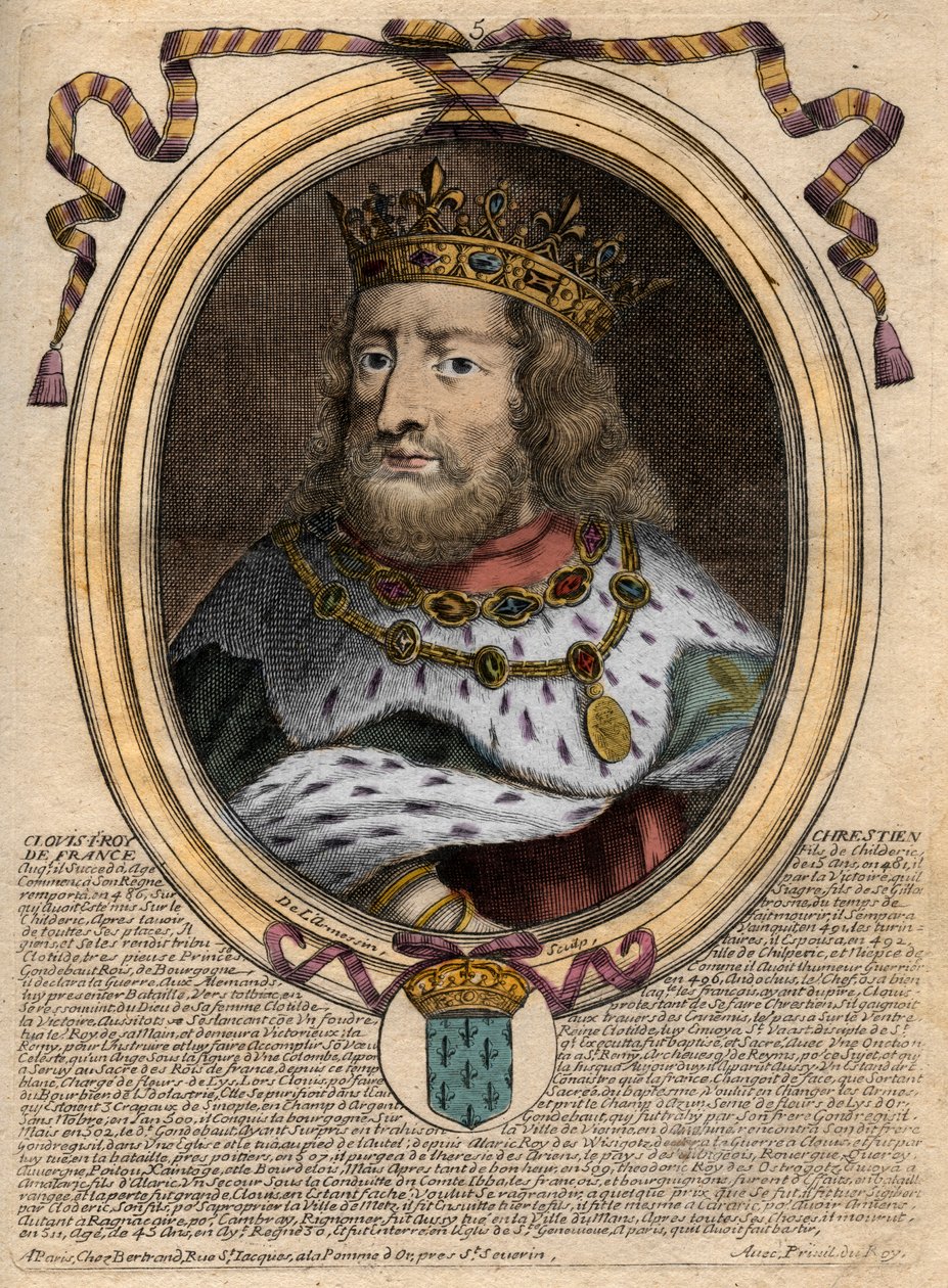Portrét Chlodvíka I. (asi 466 - 511), krále Franků - Portrét Chlodvíka I. (c466-511), krále Franků - rytina z 