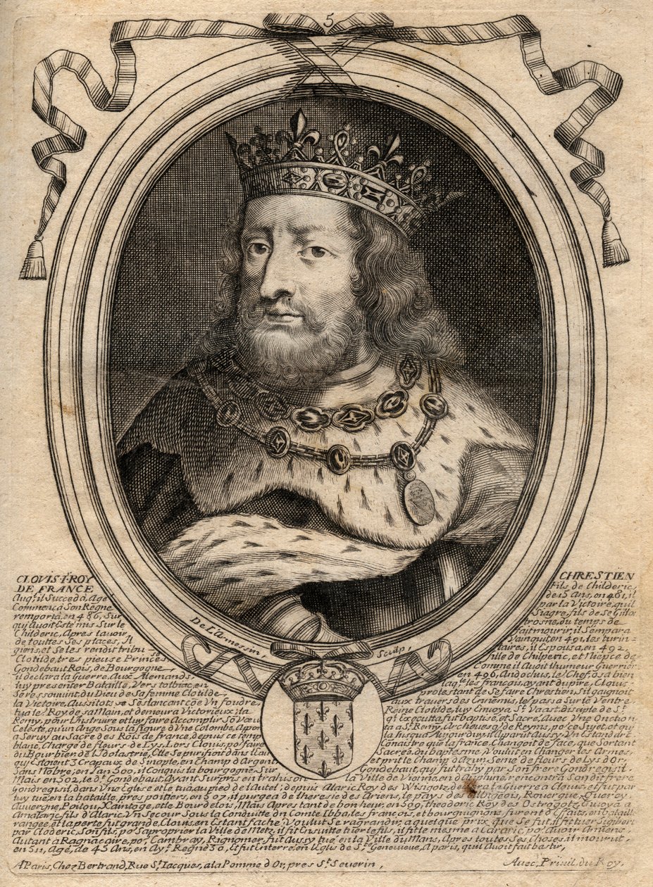 Portrét Chlodvíka I. (v. 466 - 511), krále Franků - Portrét Chlodvíka I. (466-511), krále Franků - rytina z 