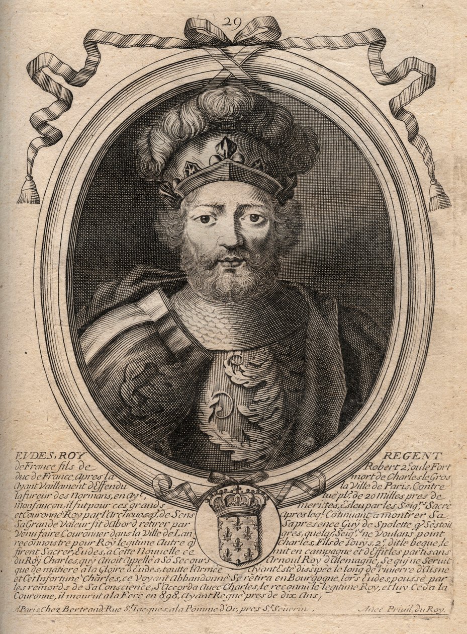 Portrét Eudes (Odon) (v. 860 - 898), hrabě z Paříže a Troyes, tehdejší král Francie - EUDES hrabě z Paříže zvolený na francouzský trůn po sesazení Karla císaře - rytina z 