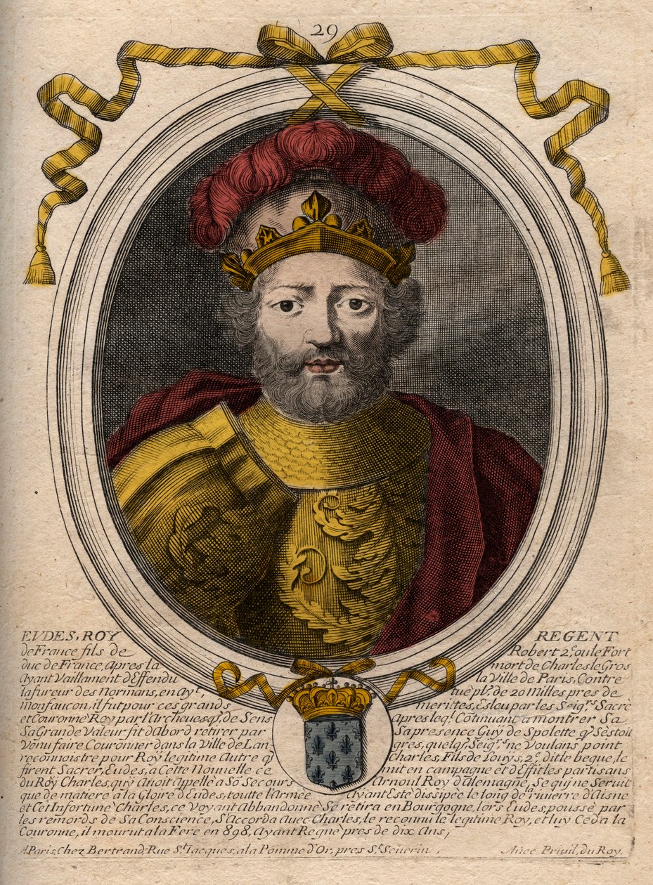 Portrét Eudes (Odon) (v. 860 - 898), hrabě z Paříže a Troyes, tehdejší král Francie - EUDES hrabě z Paříže zvolený na francouzský trůn po sesazení Karla císaře - rytina z 