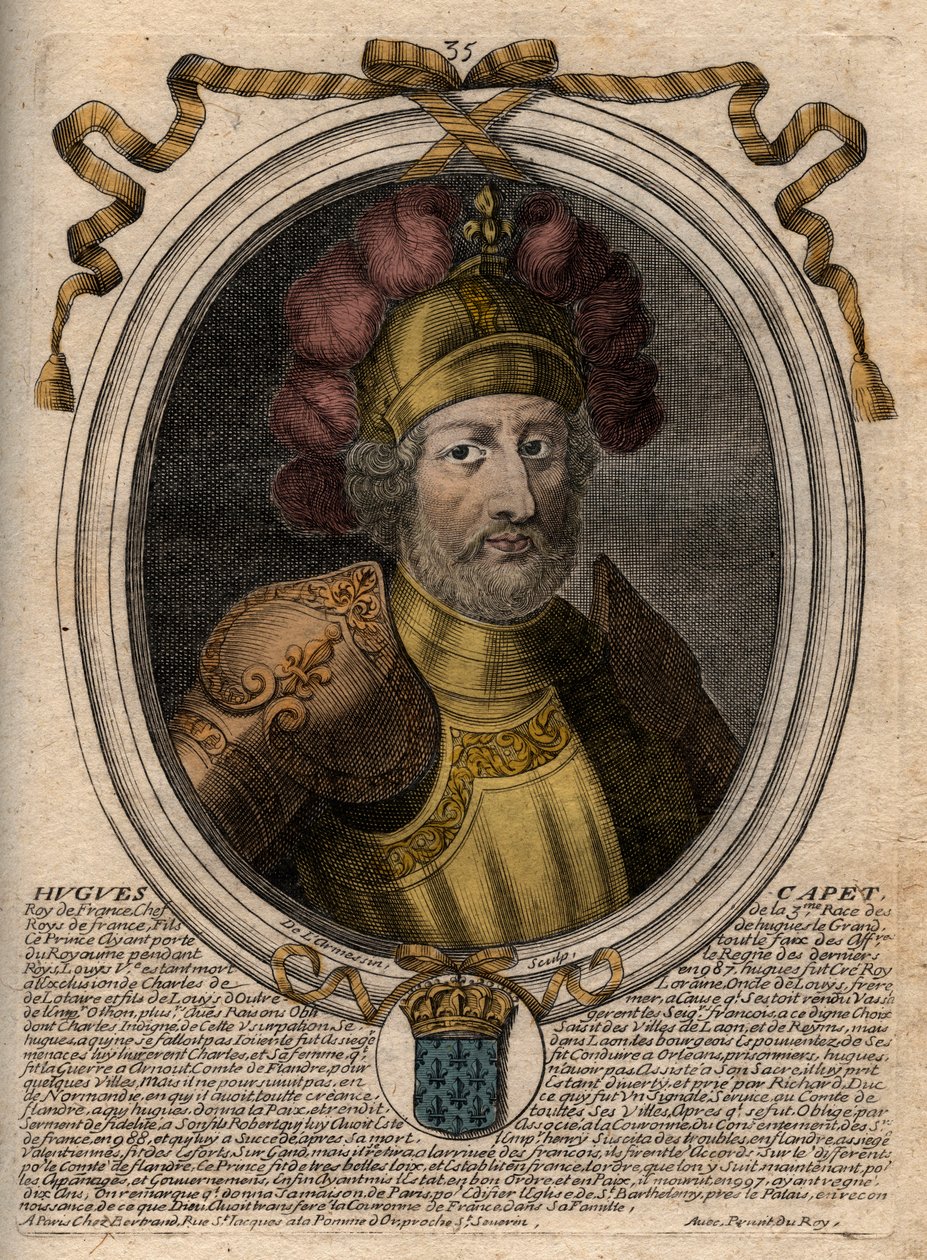 Portrét Huguese I. Capeta (asi 941 - 996), vévody francouzského, tehdejšího krále Francie - Portrét Huguese I. Kapeta (c941-996), francouzského krále - rytina z 