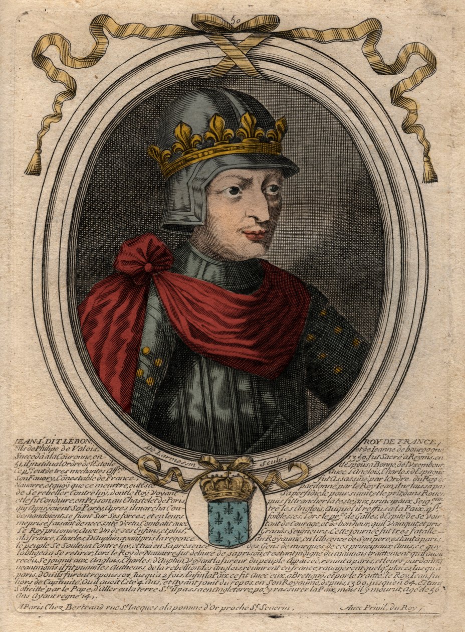 Portrét Jana II. Dobrého (1319-1364), francouzského krále - Portrét Jana II., "Dobrého" (1319-64) Francouzského krále - rytina z "Les Augustes Representations de tous les Kings de France od Pharamonda po Ludvík XIV. 
