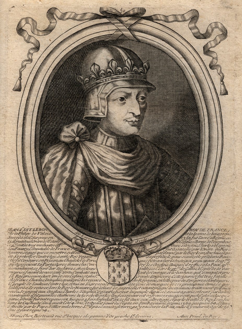 Portrét Jana II. Dobrého (1319-1364), francouzského krále - Portrét Jana II., "Dobrého" (1319-64) Francouzského krále - rytina z "Les Augustes Representations de tous les Kings de France od Pharamonda po Ludvík XIV. 