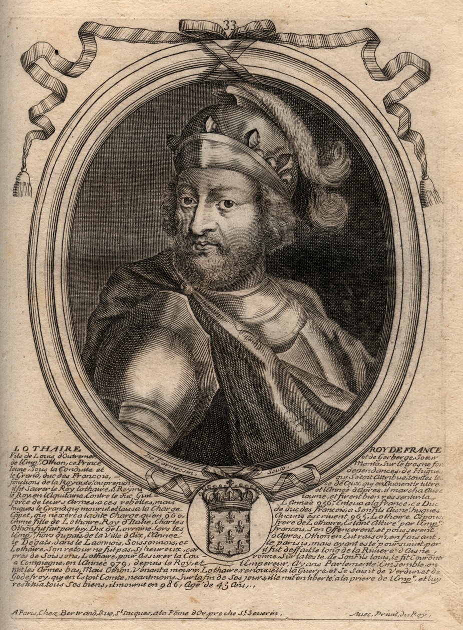 Portrét Lothaira (941 - 986), krále Franků - Lothair (941-986) Král Francie - rytina z 