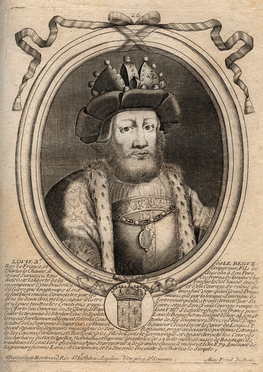 Portrét Ludvíka II. Begue nebo Faineant (846 - 879), král franků - Louis II The Stammerer 848 až 879 - rytina z 