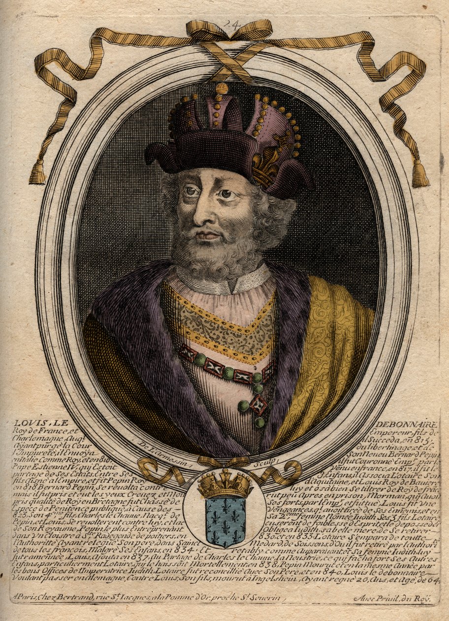 Portrét Ludvíka I. Zbožného nebo „“The Debonnaire“ (778-840), francouzského krále – Ludvíka I. „Pobožného“ (778-840) Francouzského krále, císaře Svaté říše římské – rytina z „Les Augustes Representations de tous les Kings de France od Pharamonda po LouisXI od de Larmessin