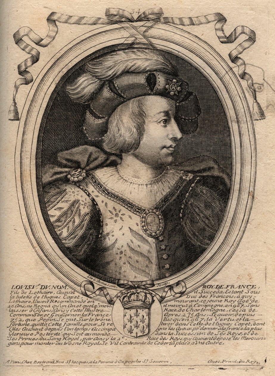 Portrét Ludvíka V. Faineanta (967 - 987), francouzského krále - Ludvíka V. Indolentního (967-987), rytina z 