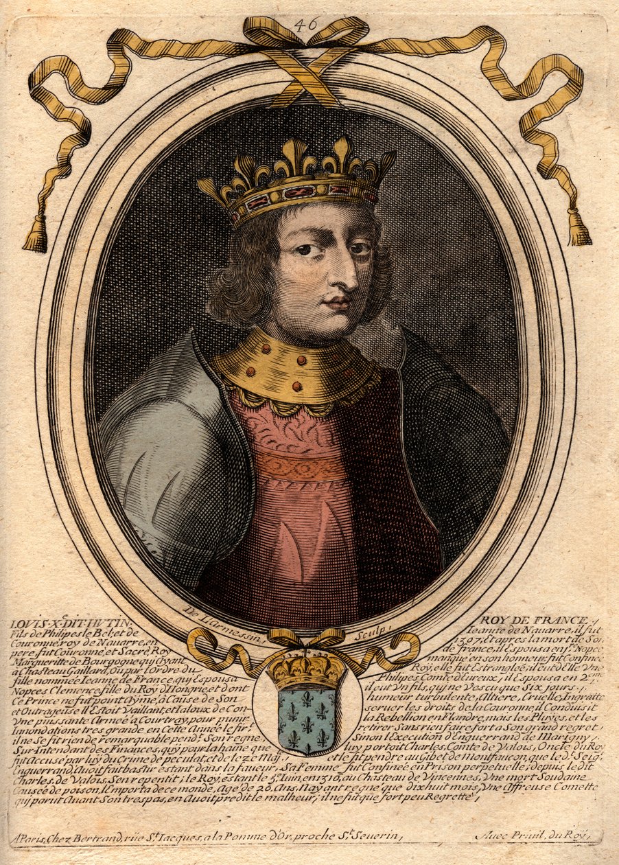 Portrét Ludvíka X. Hutina (1289 - 1316), francouzského krále - Ludvíka X. (1289-1316) Tvrdohlavého, krále Francie a Navarry - rytina z 