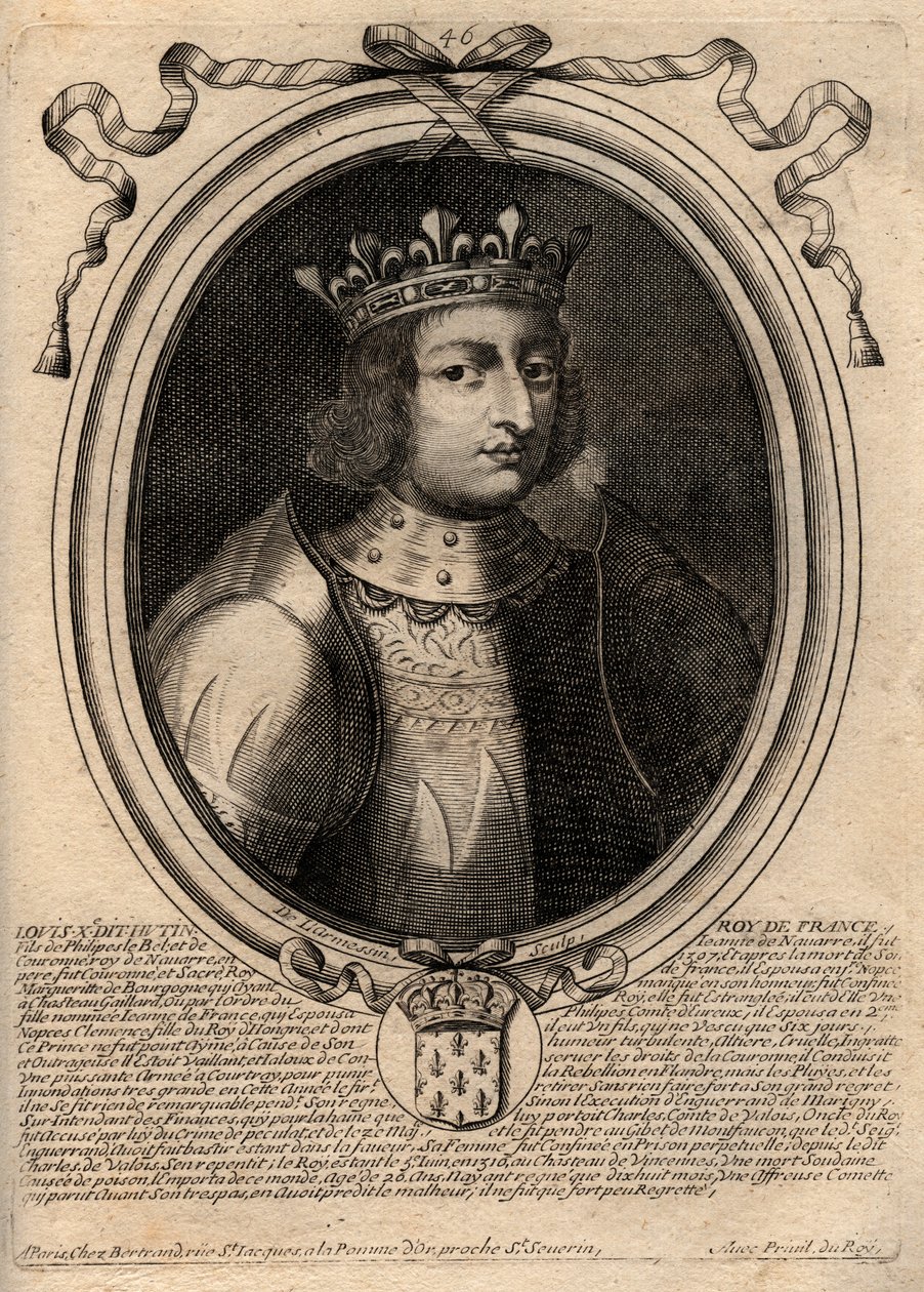 Portrét Ludvíka X. Hutina (1289 - 1316), francouzského krále - Ludvíka X. (1289-1316) Tvrdohlavého, krále Francie a Navarry - rytina z 