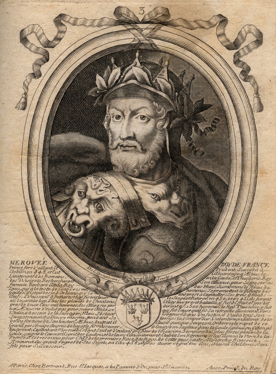 Portrét Merovee nebo Merovech Roi franc (v. 458) 1. král merovejské rasy - Portrét Merovea (Meroveus) († 456) Král Salianských Franků - rytina z 