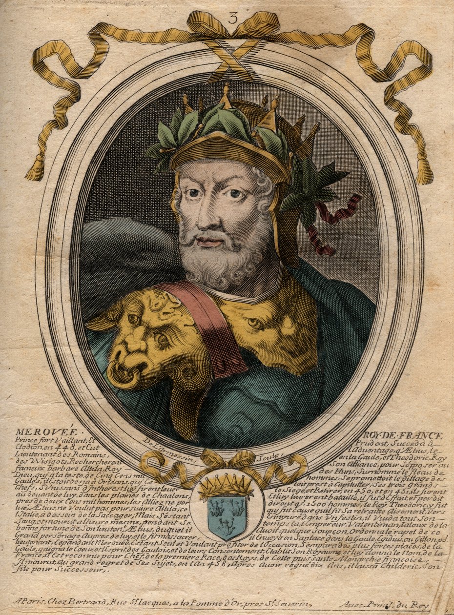 Portrét Merovee nebo Merovecha, francouzského krále (v448-v458), prvního krále merovejské rasy - Portrét Merovea (Meroveus) (d456) Král Salianských Franků - rytina z 