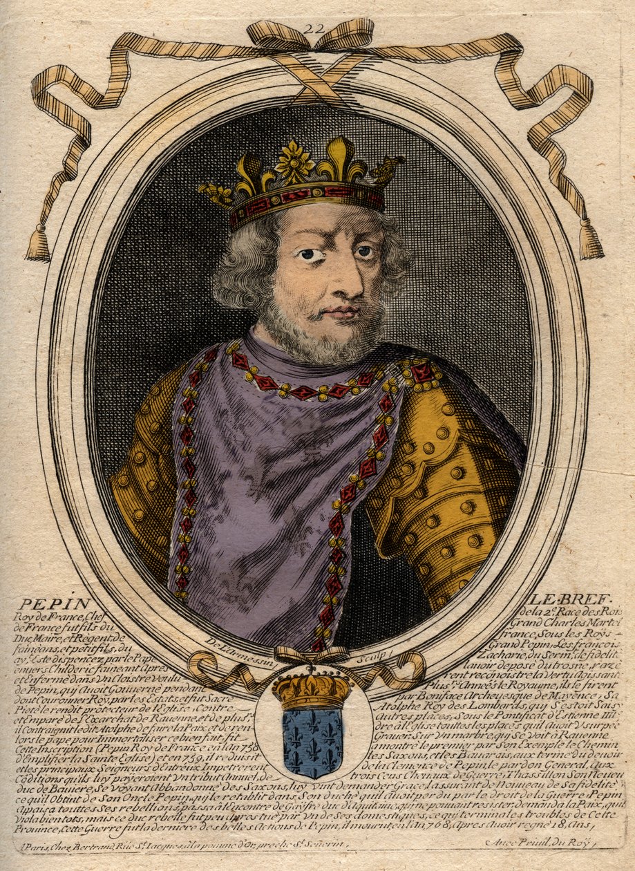 Portrét Pepina III dit Pepin le Brief (714-768) francouzský král - Pepin III (714-768) (Pepin Krátký) Král Franků - rytina z 