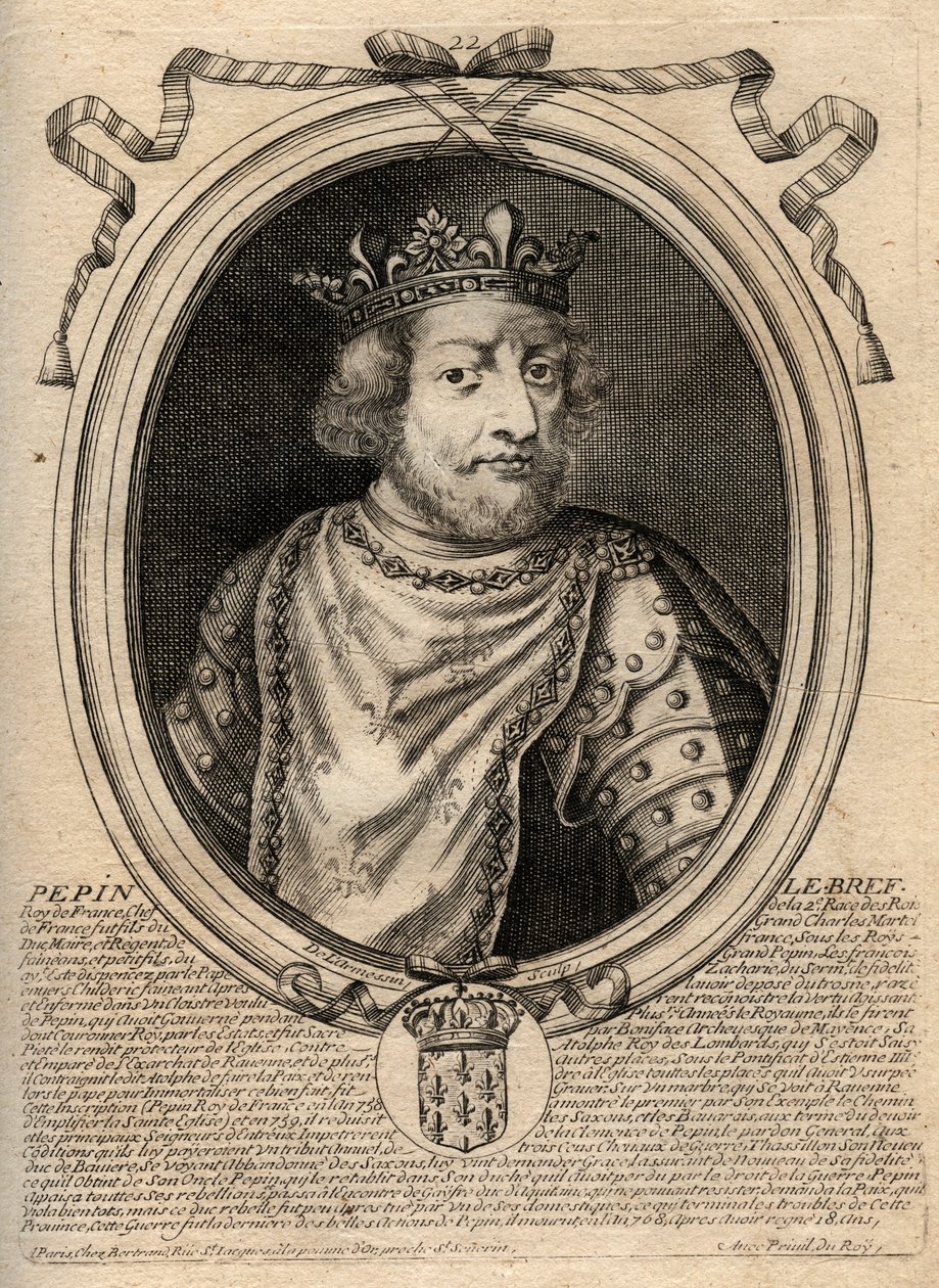 Portrét Pepina III dit Pepin le Brief (714-768) francouzský král - Pepin III (714-68) (Pepin Krátký) Král Frank - rytina z 