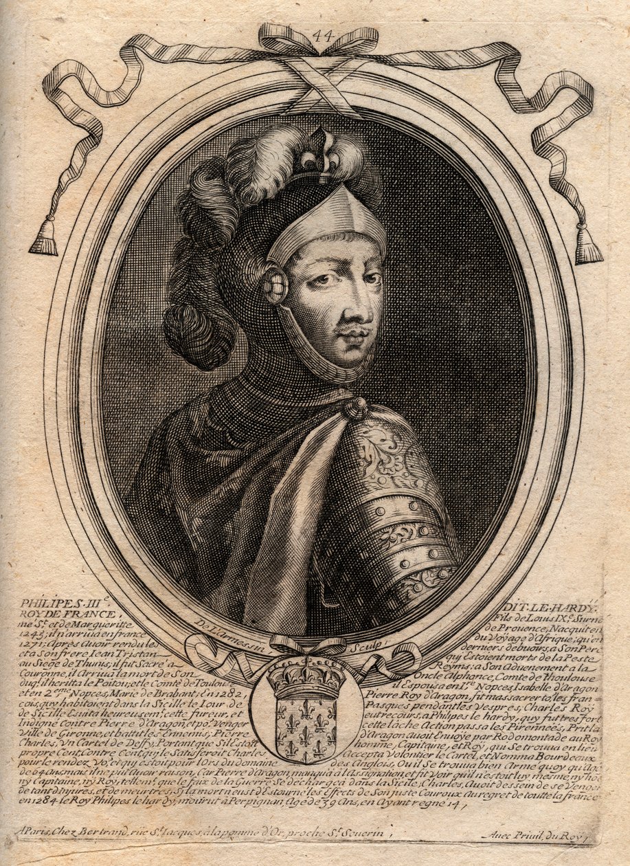 Portrét francouzského Filipa III., dit Philippe le Hardi (1245-1285) (dynastie Kapetovců) – Filip III., nazývaný smělým králem Francie – rytina z „Les Augustes Representations de tous les Kings de France od Pharamonda po Ludvíka XIV“, Paříž od de Larmessin
