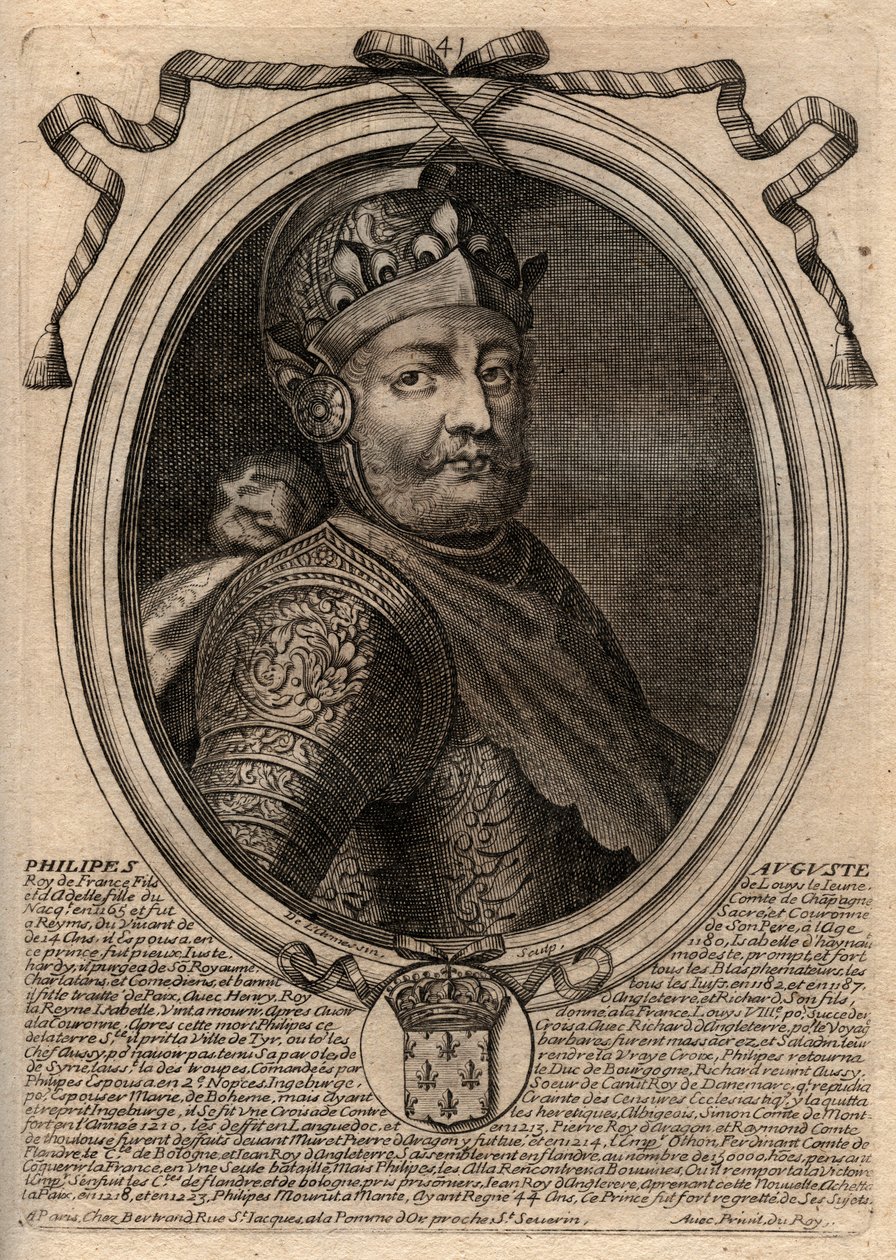 Portrét Filipa II dit Philippe Auguste (1165-1223) - Filip August II. (1165-1223) Francouzský král - rytina z 