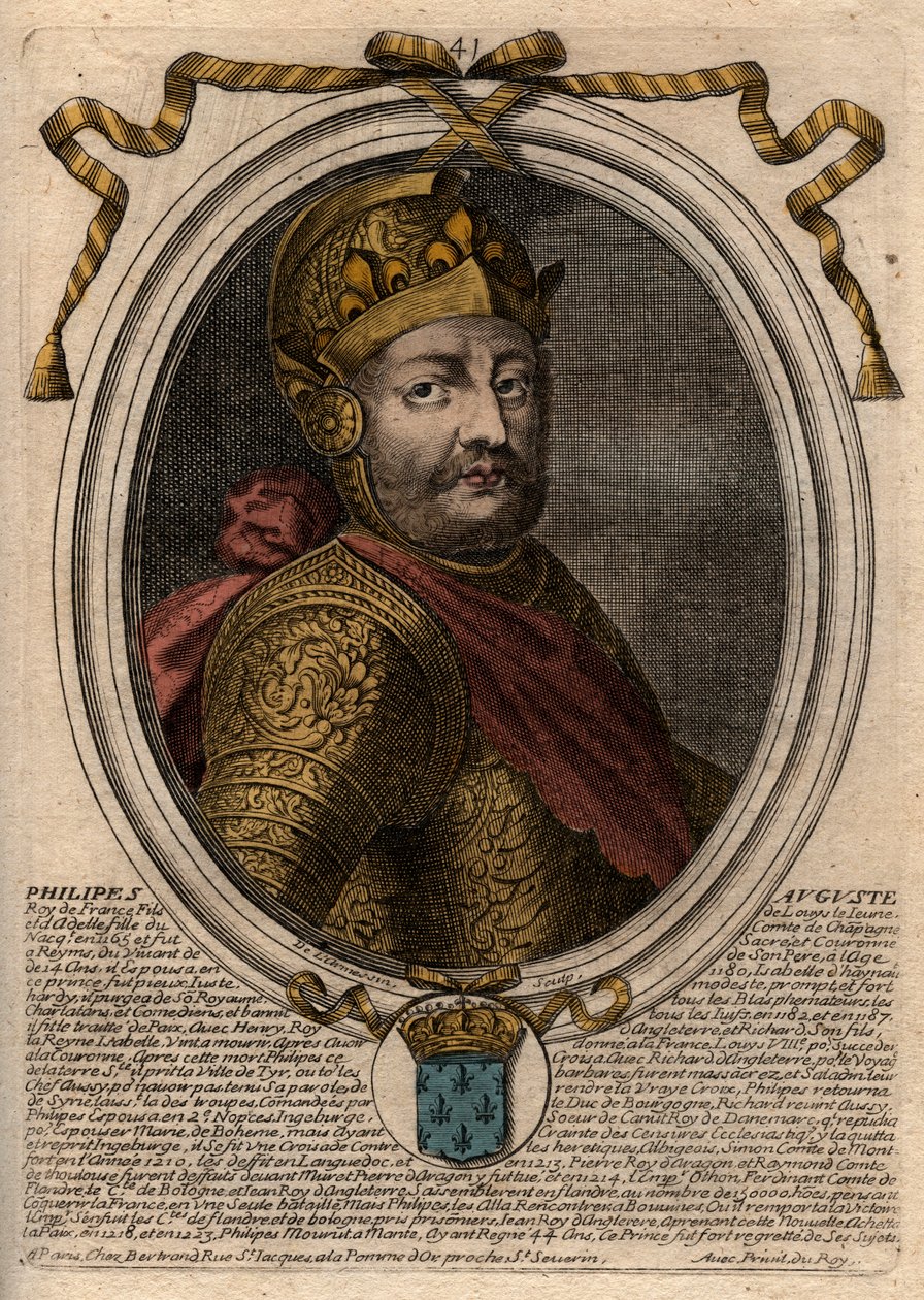 Portrét Filipa II dit Philippe Auguste (1165-1223) - Filip August II. (1165-1223) Francouzský král - rytina z 