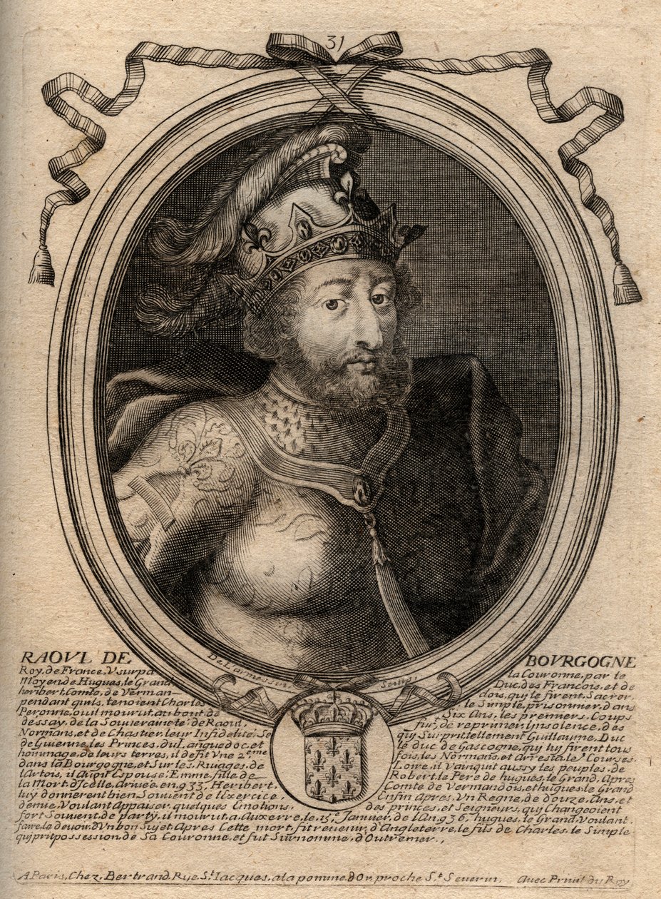 Portrét francouzského Raoula (nebo Rodolpha, kolem 890-936) Král Franků - Rudolph (Raoul, Rodolphe) Burgundský, král Francie (923-936) - rytina z 