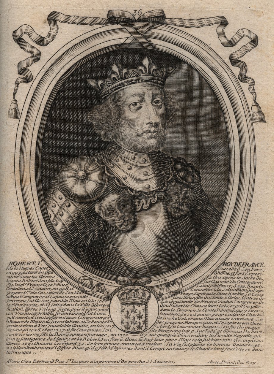 Portrét Roberta II. Zbožného (asi 972 - 1031), francouzského krále - krále Roberta II., zvaného Pobožný - rytina z 