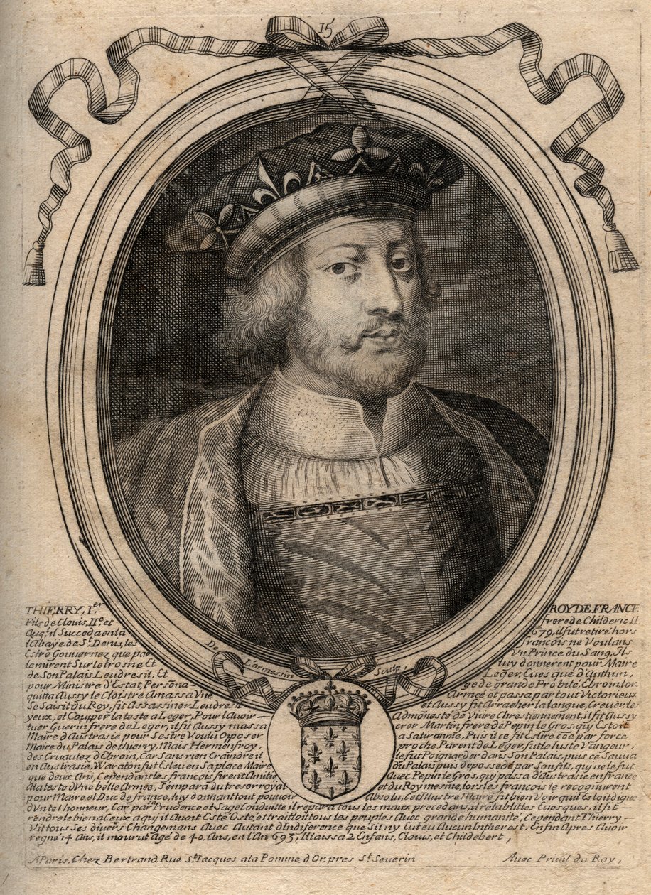 Portrét Thierryho III. (asi 657-691), krále Franků z Neustrije (673-675) a krále všech Franků (679-691) Na knize je napsáno "" Thierry I """, ale je to omyl - Theuderic III (Theuderich, Theoderic, Theodorich), král Neustrije (673-675) a od de Larmessin