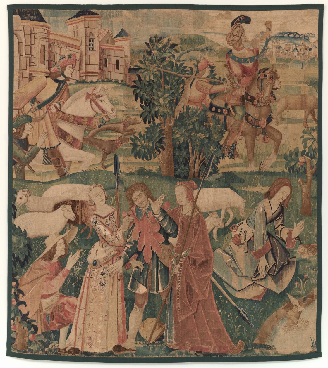 Lovecké a pastorační scény se smějícím se mužem mezi dámami od design probably French 16th Century, Paris; woven in southern Netherlands or Paris in an undetermine workshop