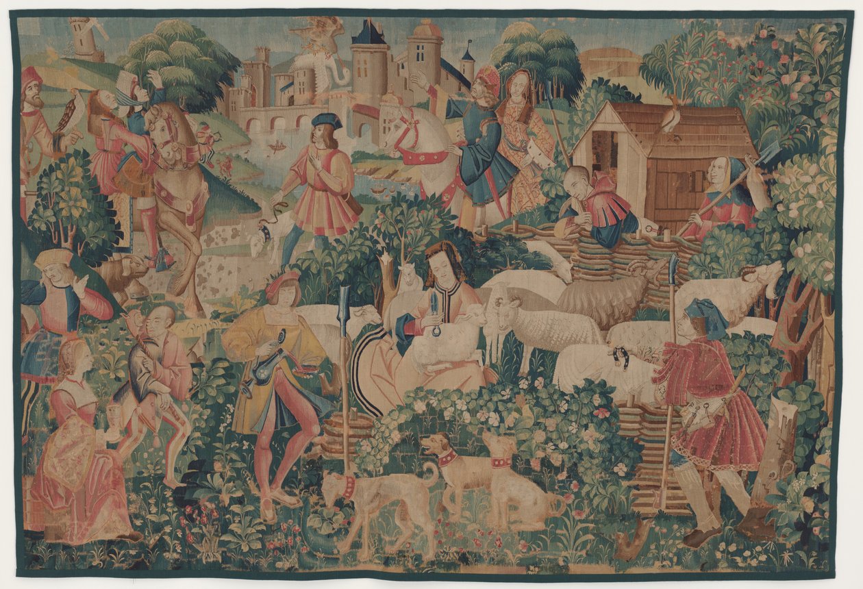 Lovecké a pastorační scény se stříháním pastýřky od design probably French 16th Century, Paris; woven in southern Netherlands or Paris in an undetermine workshop
