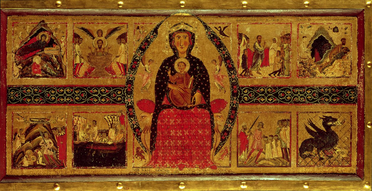 Panna a dítě na trůnu, s výjevy Narození Páně a životy svatých, 1260 od di Magnano da Arezzo Margaritone
