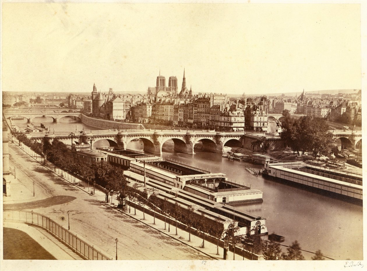 Seina s mosty, vzadu Notre-Dame de Paris od Edouard Denis Baldus