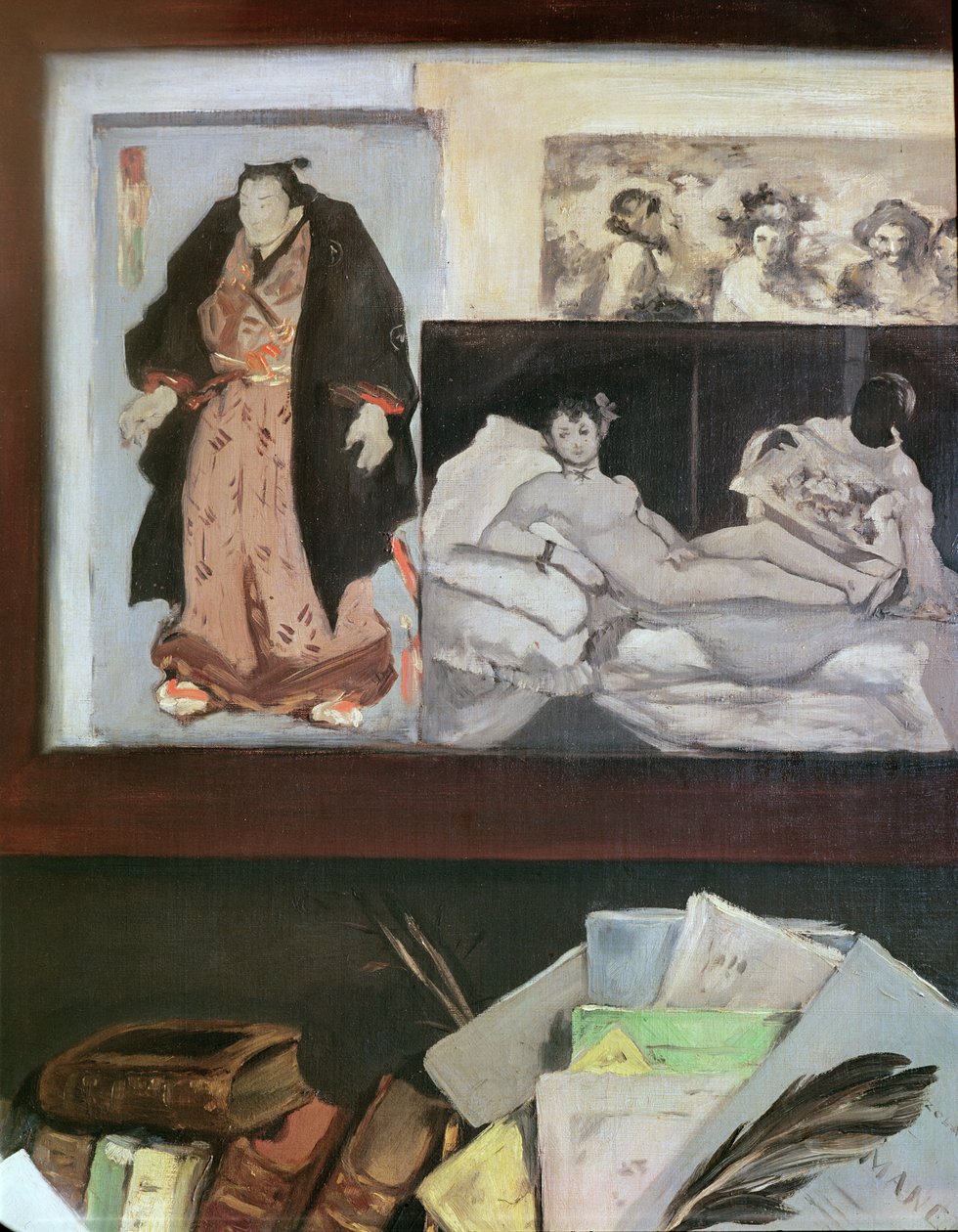 Portrét Emila Zoly (1840 - 1902) (detail pravé horní stěny zobrazující japonské tisky, ‚Olympia‘ a Velasquez ‚Bacchus‘), 1868 od Édouard Manet