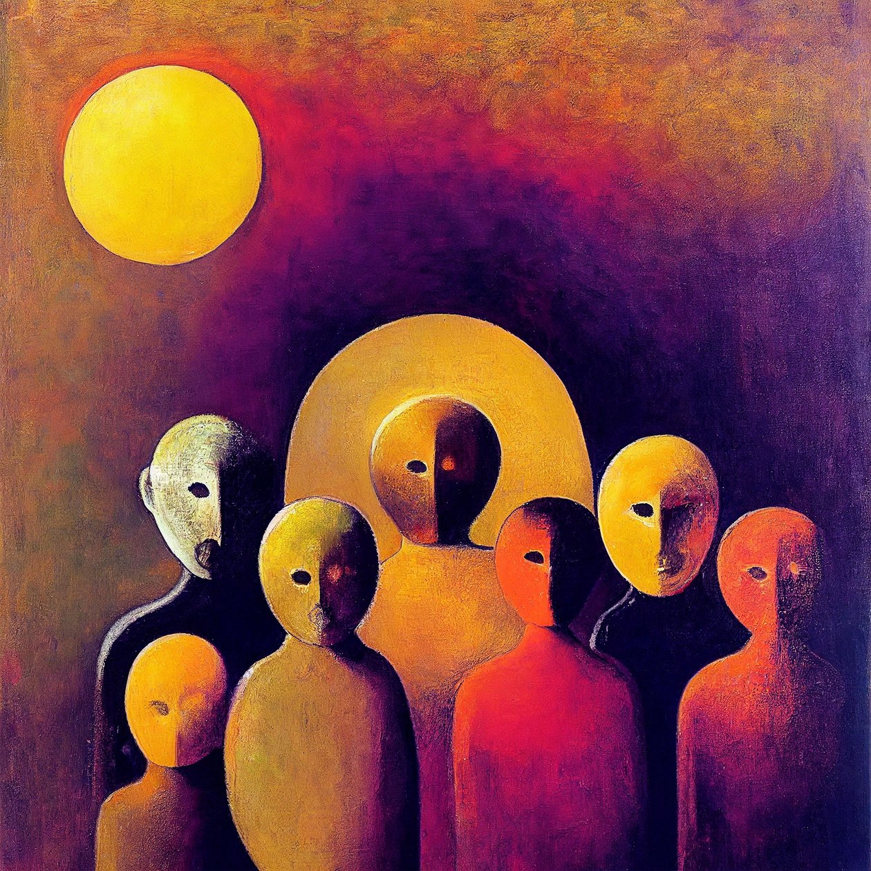 Abstraktní dav s výraznými tvářemi, umění figurativního surrealismu od F. Abderrahim