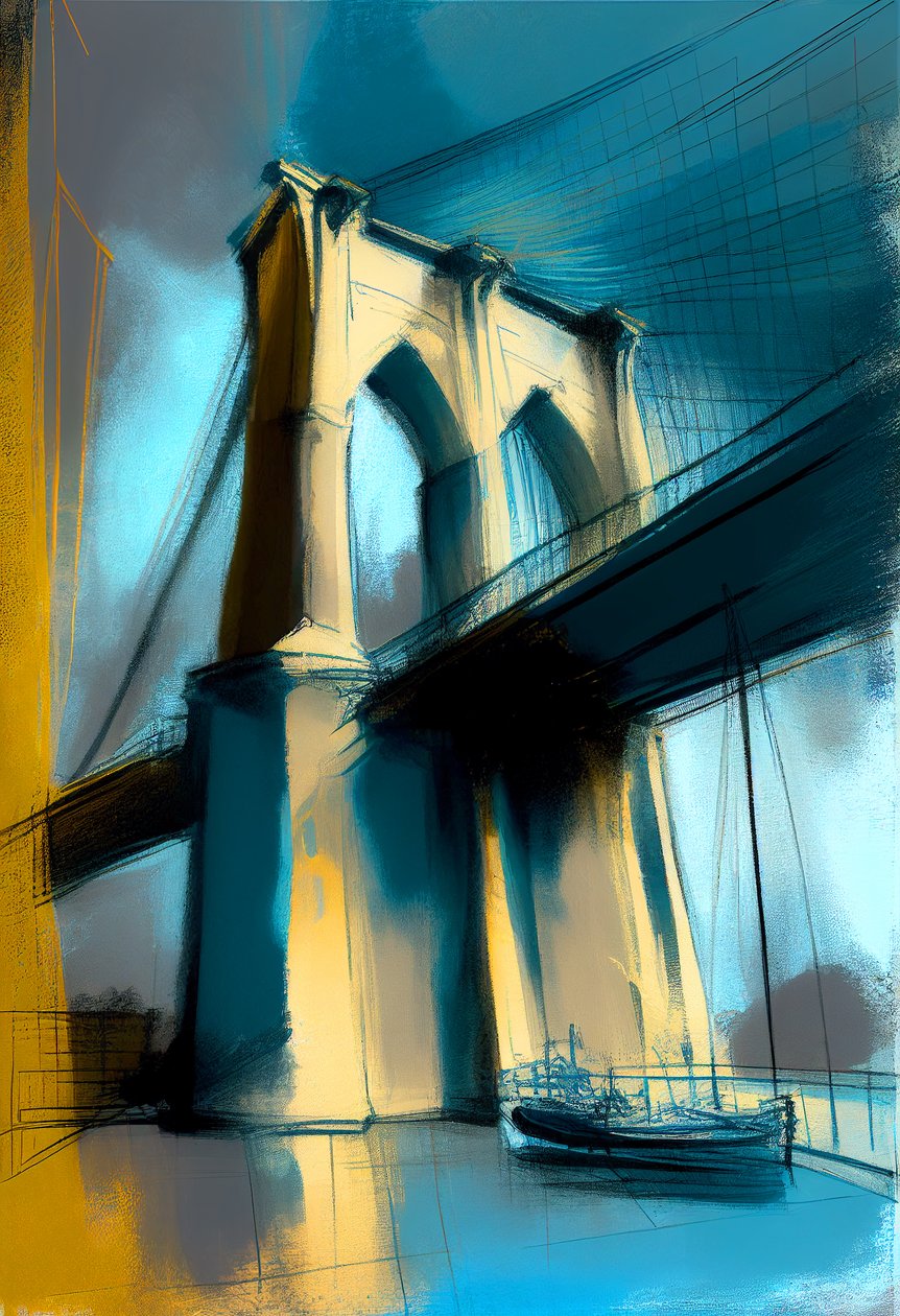 Abstraktní skica Brooklyn bridge malba na plátně, nástěnné umělecké tisky od F. Abderrahim