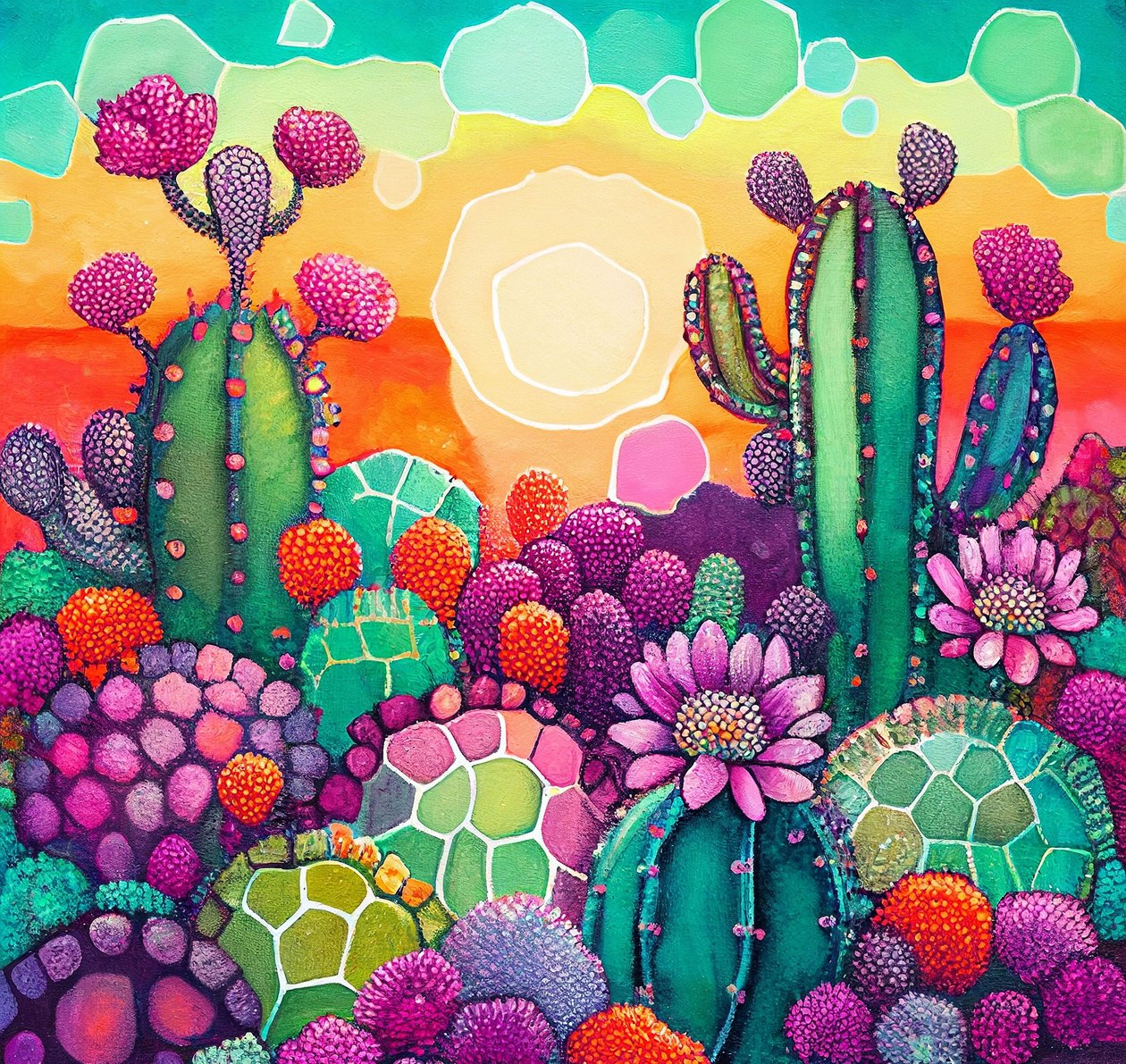 Desert Bloom: värikäs abstrakti maalaus auringonlaskusta kaktustasangoilla od F. Abderrahim