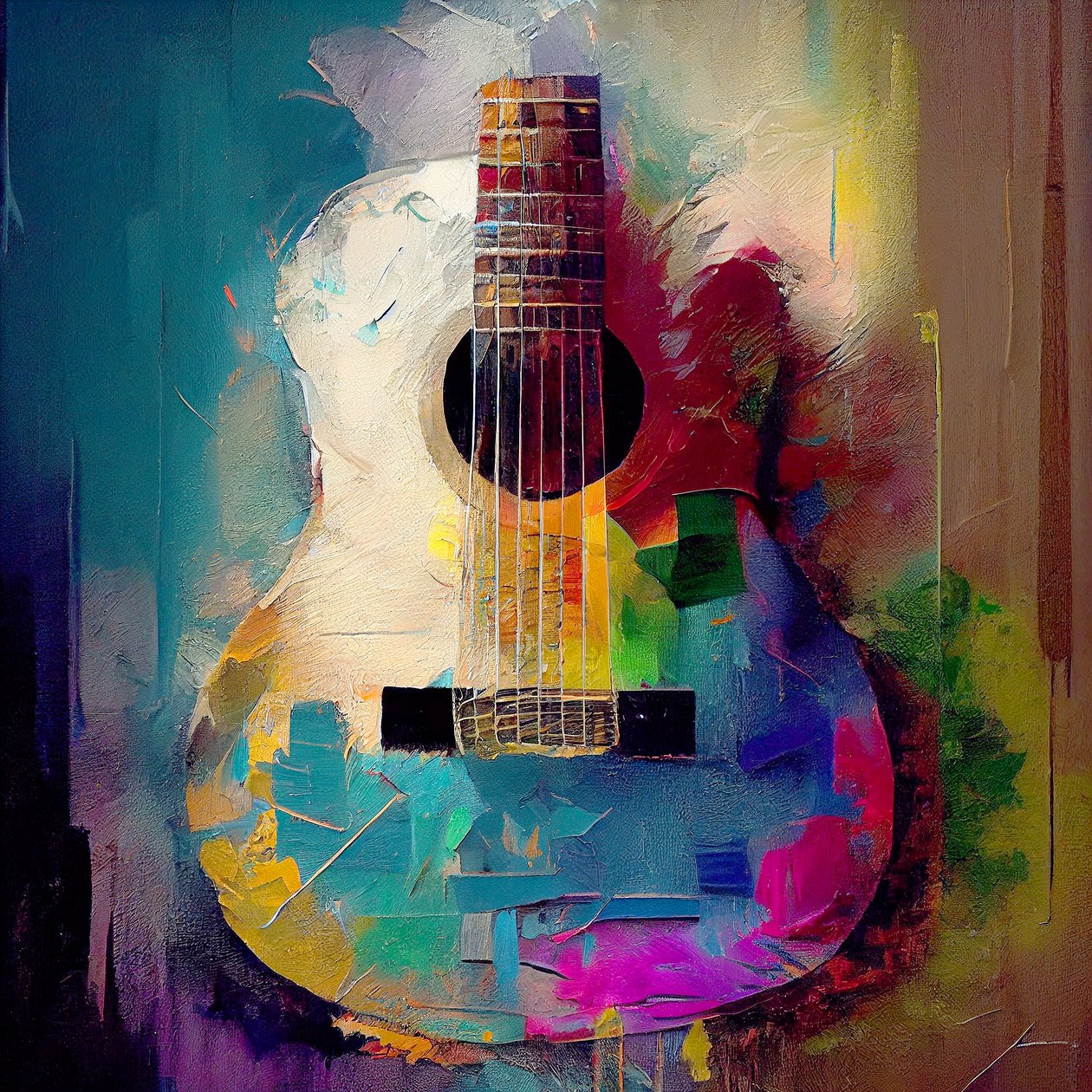 Elektrická rocková kytara, hudební nástroj v teplých barvách, Wall Art | Obrazy na plátně od F. Abderrahim